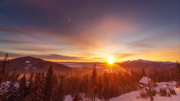 Mglisty poranek w lesie gór zimowych na tle dramatycznego zachmurzonego nieba. Timelapse. 4K — Wideo stockowe