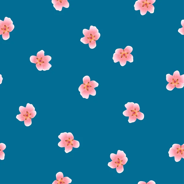 Peach Blossom Sin Costura Sobre Fondo Azul Índigo — Vector de stock