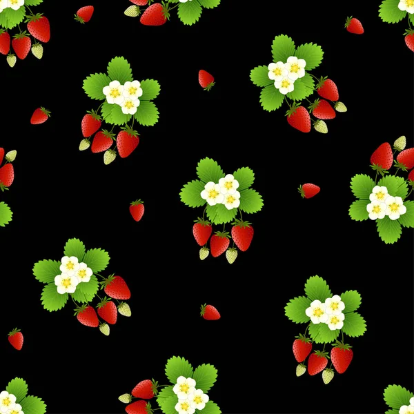 Rote Erdbeere Und Blume Nahtlos Auf Schwarzem Hintergrund — Stockvektor