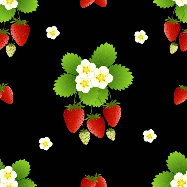 Rote Erdbeere Und Blume Auf Schwarzem Hintergrund — Stockvektor