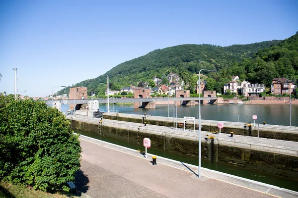 Heidelberg Almanya 'sındaki nekkar nehri, binalar ve tepenin uzak manzarası.