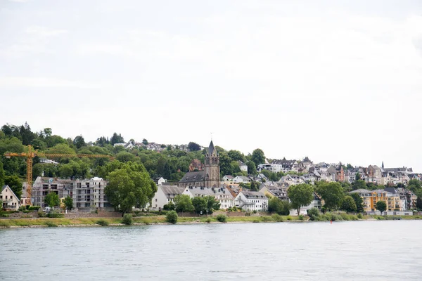 Vista Sobre Exterior Edifício Margem Rio Reno Koblenz Alemanha — Fotografia de Stock