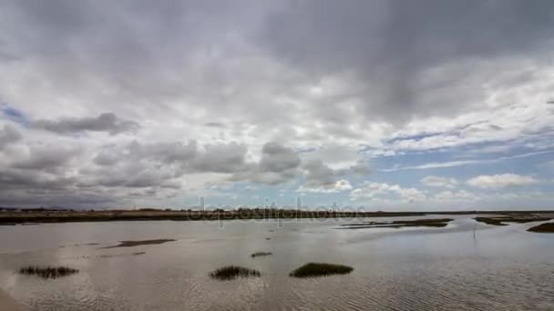 Pan timelapse cloudscape at Faro Island, in Ria Formosa wetlands natural conservation region landscape, Algarve. — Stock Video