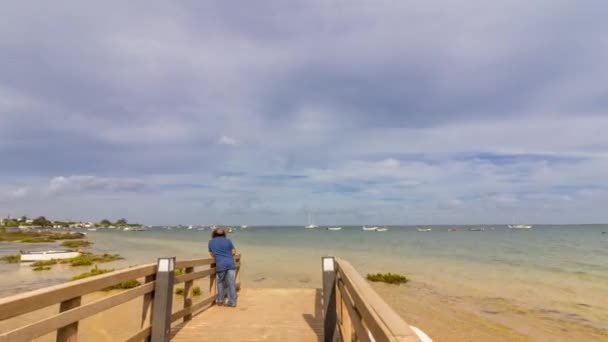 Algarve Cavacos beach yaya köprüsü ve deniz manzarası, Ria Formosa sulak rezerv, Güney Portekiz. — Stok video