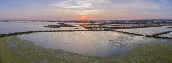 Sunset aerial panoramic seascape view of Olhao salt marsh Inlet, waterfront to Ria Formosa — Stock Photo, Image