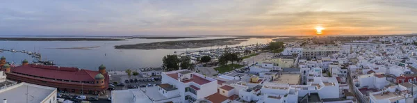 Sunset aerial cityscape in Olhao, Algarve fishing village view of ancient neighbourhood of Barreta, and its traditional cubist architecture — Stock Photo, Image