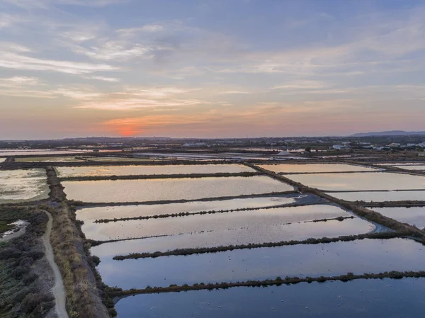 Sunset aerial seascape view of Olhao salt marsh Inlet, waterfront to Ria Formosa natural park. Algarve. — Stock Photo, Image