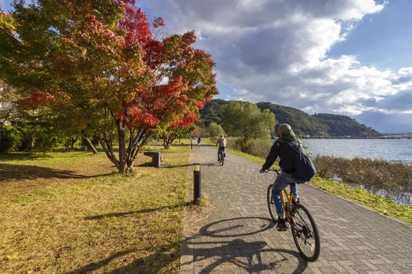 川口公园是日本富士山著名的观光景点，人们骑自行车游览川口湖. — 图库照片
