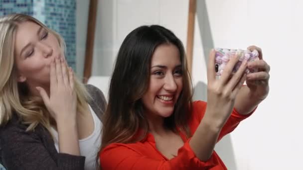 Duas jovens mulheres atraentes fazendo poses e tirando fotos em um banheiro moderno com muita diversão — Vídeo de Stock