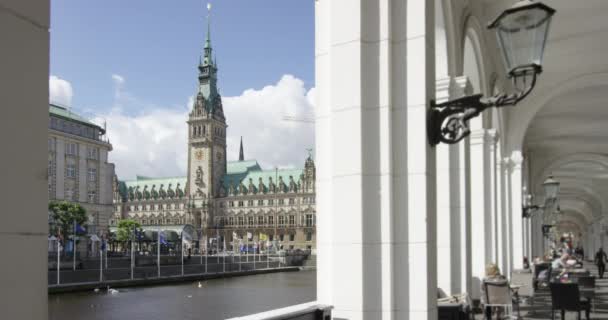 Town Hall Hamburg seen through Alsterarkaden, Germany — Stock Video