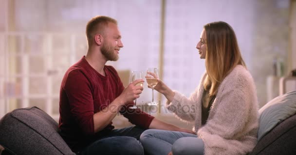 Pareja en el amor tintineo gafas y besos — Vídeos de Stock