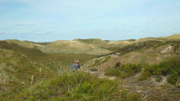 Kind wandelen van duinen — Stockvideo