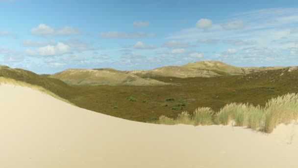 Maravillosa playa con valle rodeado de dunas en el fondo en un día soleado — Vídeo de stock