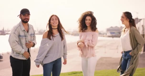 Young adults jumping on the meadow with city in the background — Stock Video