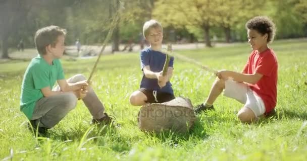 Мальчики в парке играют с палками — стоковое видео