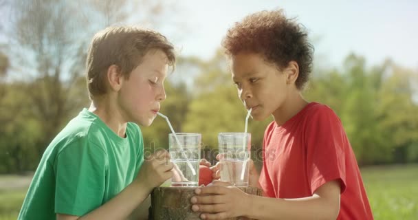 Dos niños están haciendo burbujas con una paja afuera. — Vídeos de Stock