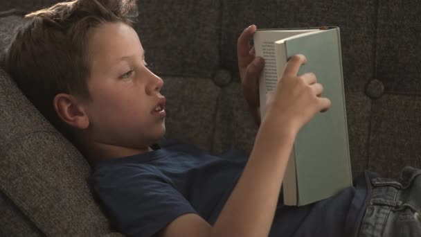 Niño leyendo libro en el sofá — Vídeos de Stock