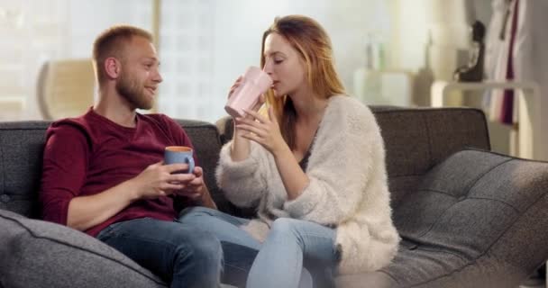 Sweet young couple drinking tea on couch — Stock Video