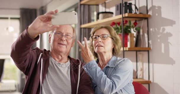 Attraktiva äldre par att göra roliga poser för en selfie — Stockvideo
