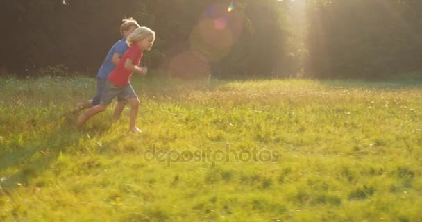 Kinderen Lopen Een Veld Terwijl Zon Ondergaat — Stockvideo