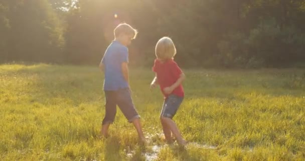 Παιδιά Διασκεδάσουν Στη Φύση Ενώ Ήλιος Δύει — Αρχείο Βίντεο