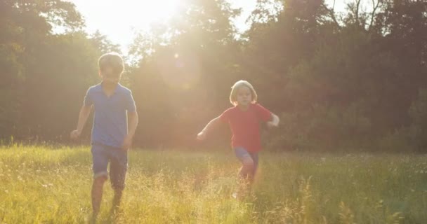 Dos Niños Felices Corriendo Sobre Campo Bajo Sol — Vídeo de stock