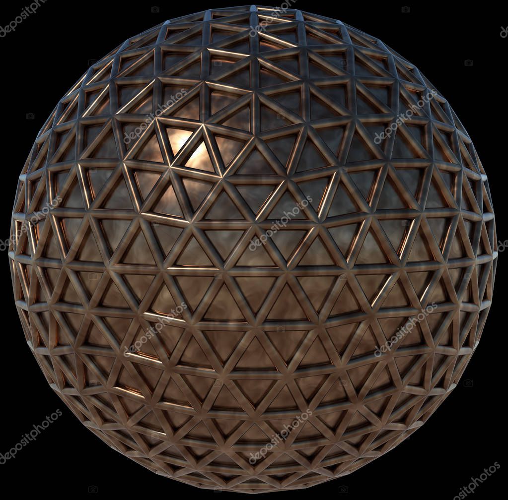 Metal sphere wrapped into a mesh of triangles, isolated on black