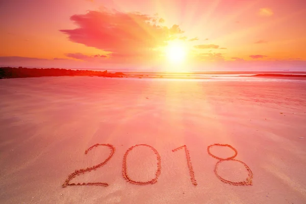 2018 iscrizione sulla sabbia bagnata della spiaggia — Foto Stock