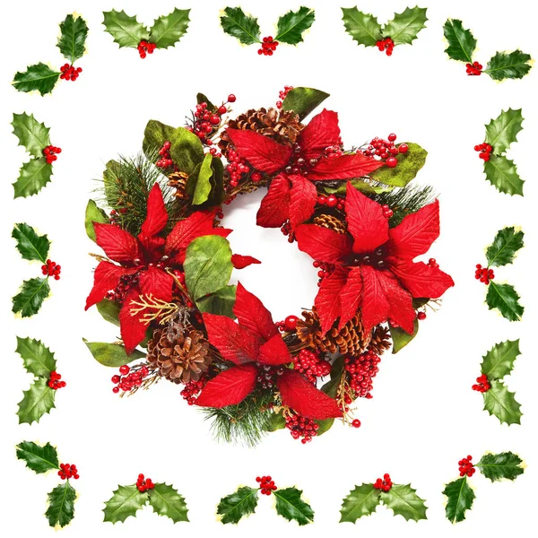 Ghirlanda di Natale con poinsettia circondata da foglie di agrifoglio e — Foto Stock