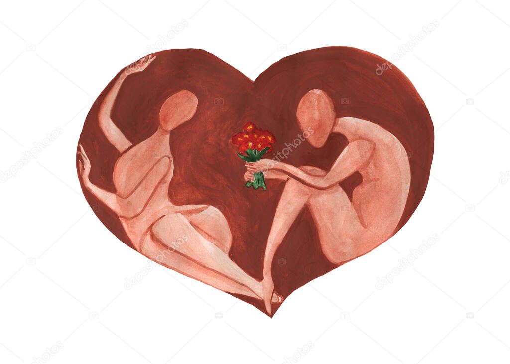 A couple of lovers. In a heart. Man offers a woman flowers. Red color. Watercolor illustration.