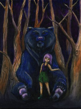 Kız ve ayısı ağaçların arka planında. Yağ çizimi. Ayı oturuyordu. Kız onun önünde duruyor. Mor, yeşil ve mavi renkler.