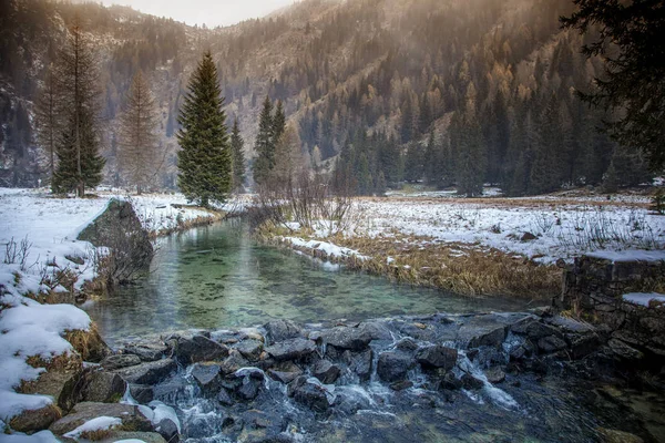 Un piccolo fiume di montagna nelle Dolomiti italiane. Bella montatura — Foto Stock