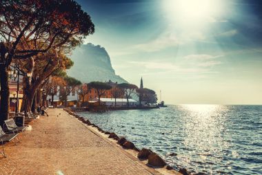 Beautiful landscape, small city on Garda lake, Italy. Popular tr clipart