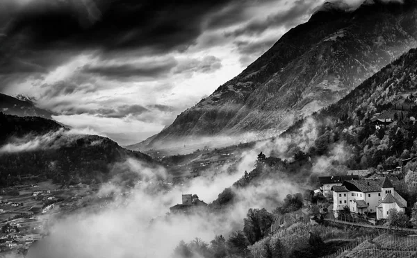 Black and white landscape. View of Dolomites Alps and Meran, wit — Stock Photo, Image