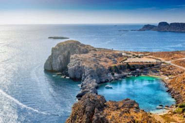 Akropolis, Lindos, Gree mavi Ege Denizi'ne bakan