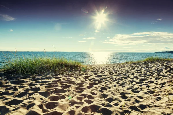Bela praia de areia do mar ao pôr do sol, Golfo da Finlândia, Leste — Fotografia de Stock
