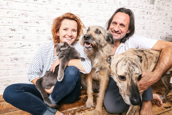 Attractive man and his young wife with pets, two dogs and a cat,