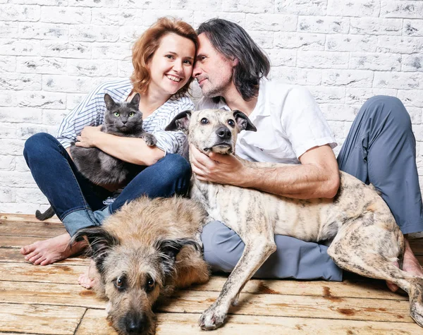 Aantrekkelijke man en zijn jonge vrouw met huisdieren, twee honden en een kat, — Stockfoto