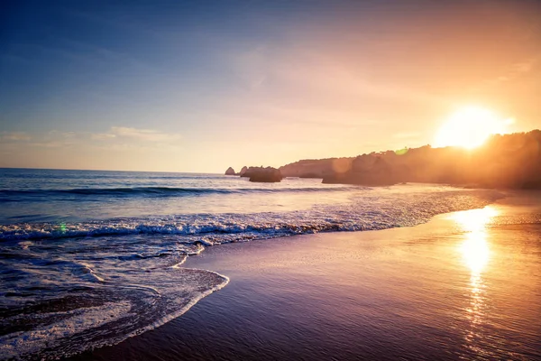 Splendido tramonto viola violaceo sull'oceano, spiaggia sabbiosa , — Foto Stock