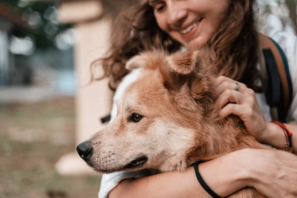 Felice bella ragazza pus abbraccia il suo cane soffice carino, cane fac — Foto Stock