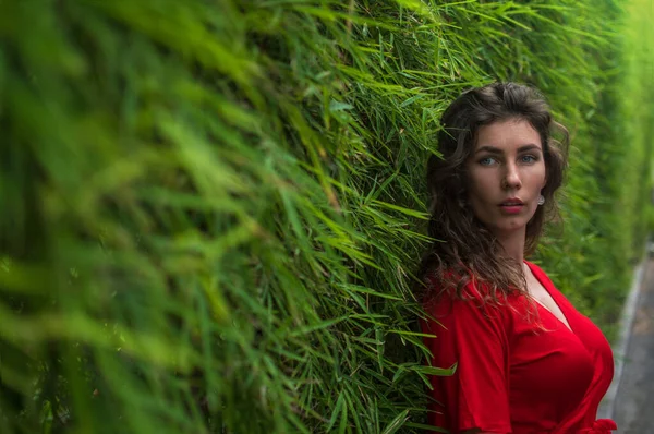 Portrait of pretty curly young woman standing near leaves outdoors. Sensual beautiful woman posing in red dress.