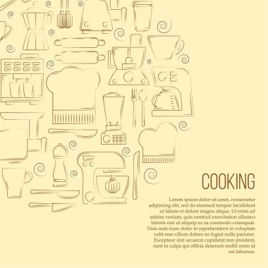 Mutfak aletleri kart konsepti. Tasarım ve web için düz stil mutfak illüstrasyonuName.
