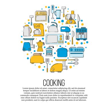 Mutfak aletleri kart konsepti. Tasarım ve web için düz stil mutfak illüstrasyonuName.
