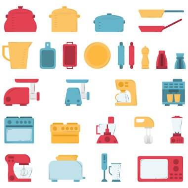 Düz bir mutfak malzemesi seti. Tasarım ve web için klip sanatı.