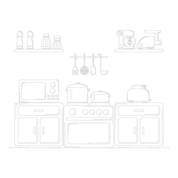 ラインキッチンイラスト。デザインとウェブのための料理カードの概念. — ストックベクタ