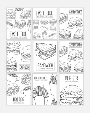 Fast food broşür seti. Tasarım ve web için sokak yemeği çizimleri