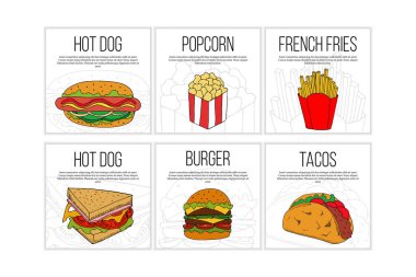 Fast food broşür seti. Tasarım ve web için sokak yemeği çizimleri