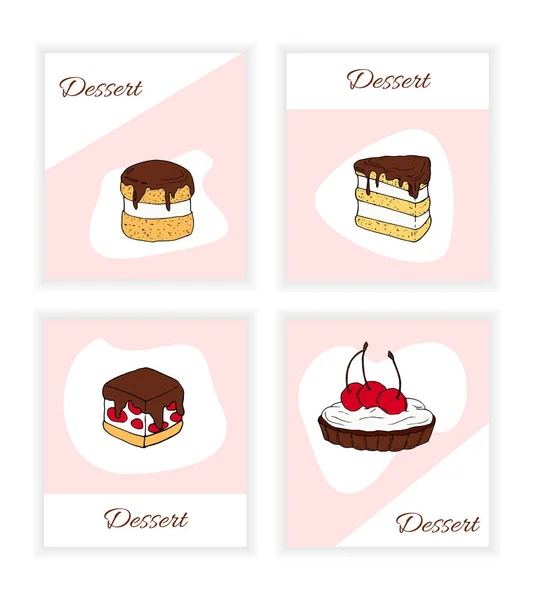 Conjunto de modelos de panfleto de sobremesas. Cake ilustrações dos desenhos animados para design e web —  Vetores de Stock