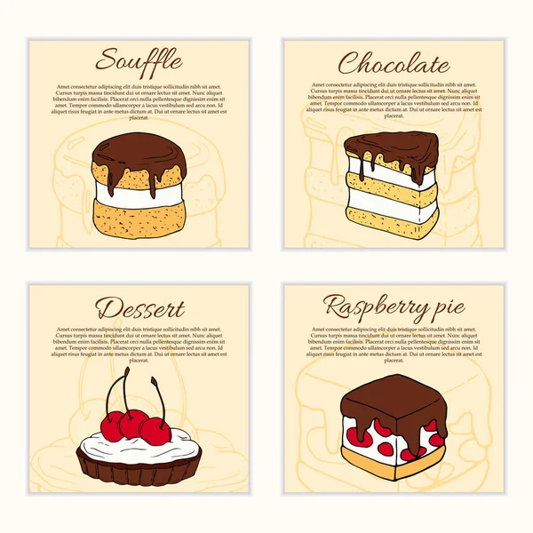 Conjunto de modelos de panfleto de sobremesas. Cake ilustrações dos desenhos animados para design e web —  Vetores de Stock