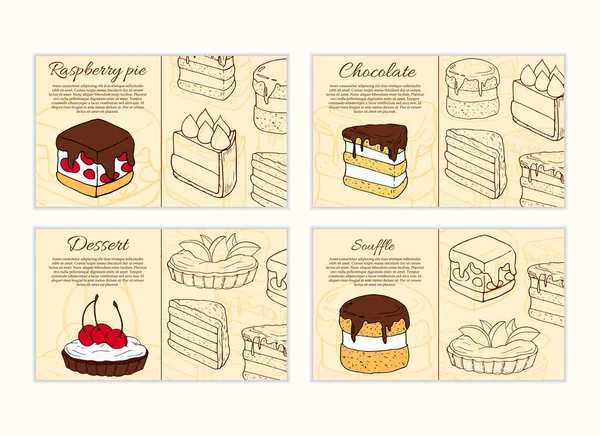 デザートフライヤーテンプレートのセット。デザインやウェブのためのケーキ漫画イラスト — ストックベクタ
